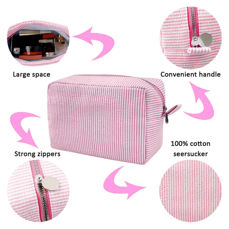 GFU Cosmetic Bag for Women, Large Makeup Bag, Travel Toiletry Stripe Cosmetic Bag, Seersucker Women Aesthetic Organizer Storage Pouch, Girls Handbags Purses (Pink) - Image 3